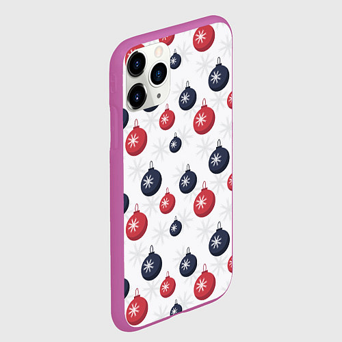 Чехол iPhone 11 Pro матовый Синие и красные новогодние шары со снежинками / 3D-Фиолетовый – фото 2
