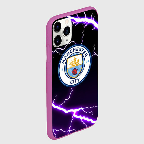 Чехол iPhone 11 Pro матовый Манчестер молнии шторм неон / 3D-Фиолетовый – фото 2
