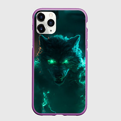 Чехол iPhone 11 Pro матовый Волк с зелеными глазами с молниями, цвет: 3D-фиолетовый