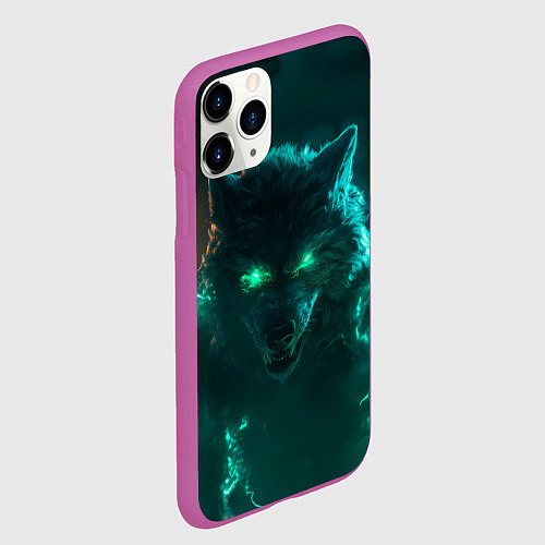 Чехол iPhone 11 Pro матовый Волк с зелеными глазами с молниями / 3D-Фиолетовый – фото 2
