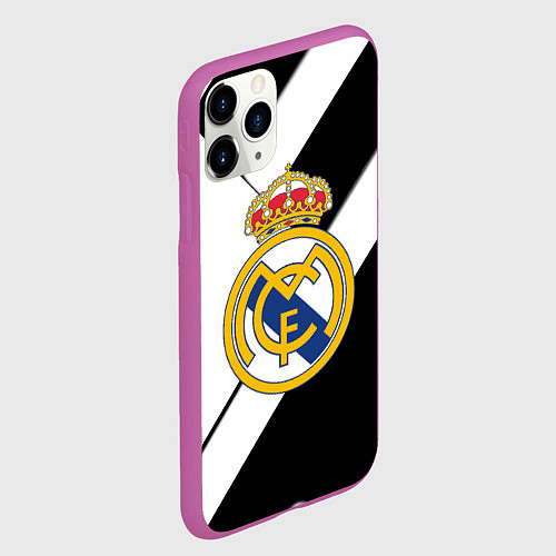 Чехол iPhone 11 Pro матовый Реал Мадрид черно белые полосы / 3D-Фиолетовый – фото 2