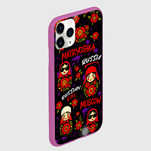 Чехол iPhone 11 Pro матовый Паттерн с матрешками / 3D-Фиолетовый – фото 2