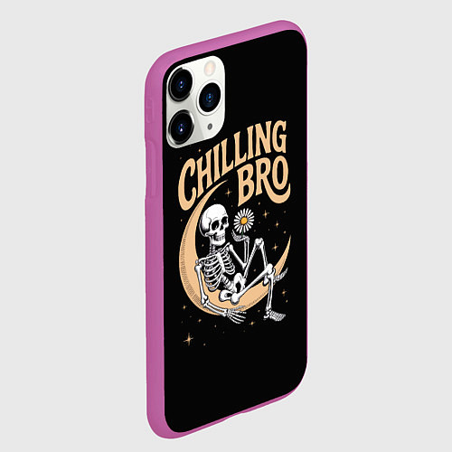 Чехол iPhone 11 Pro матовый Скелет держит ромашку и сидит на полумесяце / 3D-Фиолетовый – фото 2