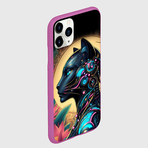 Чехол iPhone 11 Pro матовый Девушка-кошка арт нуво и киберпанк коллаба / 3D-Фиолетовый – фото 2