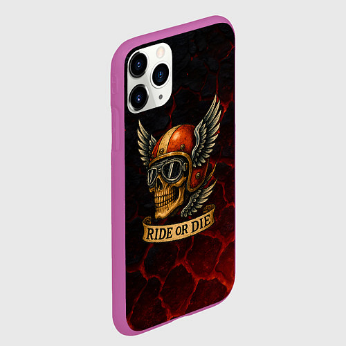 Чехол iPhone 11 Pro матовый Ride or die череп мотоциклиста / 3D-Фиолетовый – фото 2