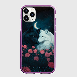 Чехол iPhone 11 Pro матовый Влюбленные волки и розы, цвет: 3D-фиолетовый