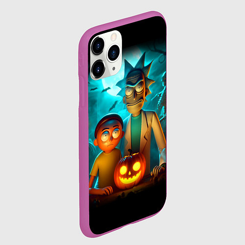 Чехол iPhone 11 Pro матовый Morty and Rick with pumpkin - neon halloween / 3D-Фиолетовый – фото 2