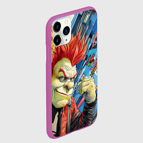 Чехол iPhone 11 Pro матовый Панк Шрек на фоне домов / 3D-Фиолетовый – фото 2
