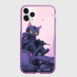 Чехол iPhone 11 Pro матовый Кот в стиле киберпанк на крыше с автоматом, цвет: 3D-фиолетовый