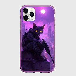 Чехол iPhone 11 Pro матовый Кот с оружием в стиле киберпанк, цвет: 3D-фиолетовый