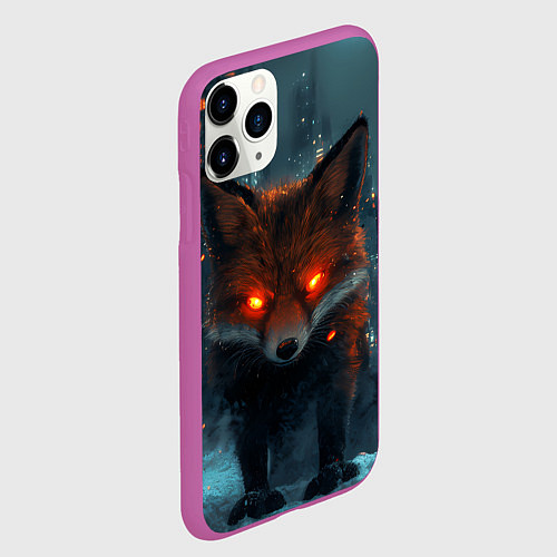 Чехол iPhone 11 Pro матовый Лисица в городе киберпанк / 3D-Фиолетовый – фото 2