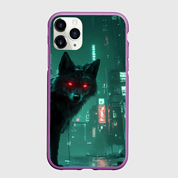 Чехол iPhone 11 Pro матовый Лиса в сияющими глазами в стиле киберпанк, цвет: 3D-фиолетовый