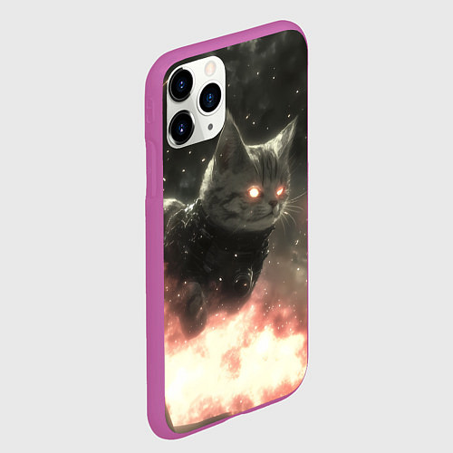 Чехол iPhone 11 Pro матовый Кот парит в космосе киберпанк / 3D-Фиолетовый – фото 2