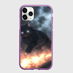 Чехол iPhone 11 Pro матовый Черный кот идет по огню - стиль киберпанк, цвет: 3D-фиолетовый