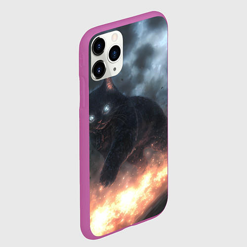 Чехол iPhone 11 Pro матовый Черный кот идет по огню - стиль киберпанк / 3D-Фиолетовый – фото 2