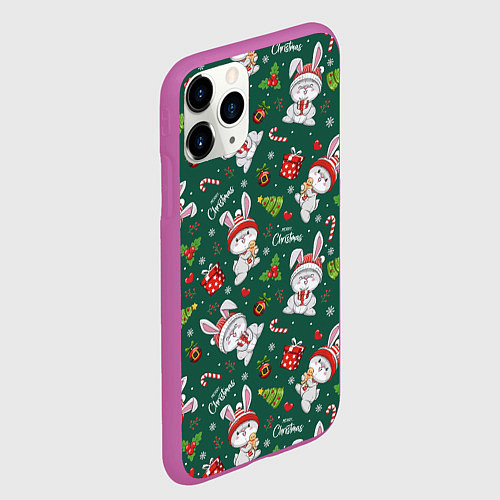 Чехол iPhone 11 Pro матовый Новогодние зайчики / 3D-Фиолетовый – фото 2
