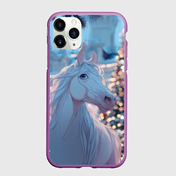 Чехол iPhone 11 Pro матовый Белая лошадка у новогодней елки, цвет: 3D-фиолетовый