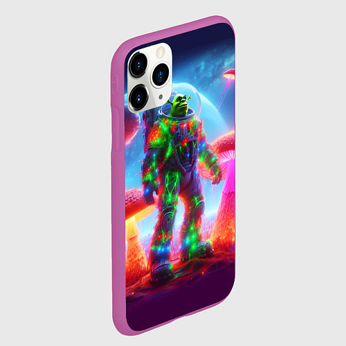 Чехол iPhone 11 Pro матовый Неоновый космонавт Шрек на планете гигантских мухо / 3D-Фиолетовый – фото 2