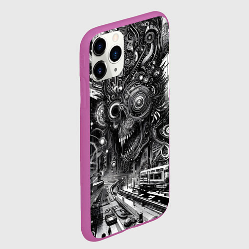 Чехол iPhone 11 Pro матовый Cyber urban skull - ai art fantasy / 3D-Фиолетовый – фото 2