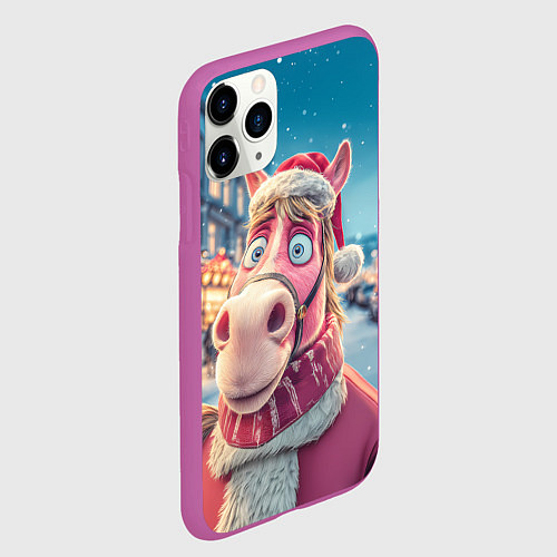 Чехол iPhone 11 Pro матовый Лошадь на фоне новогодней улицы / 3D-Фиолетовый – фото 2