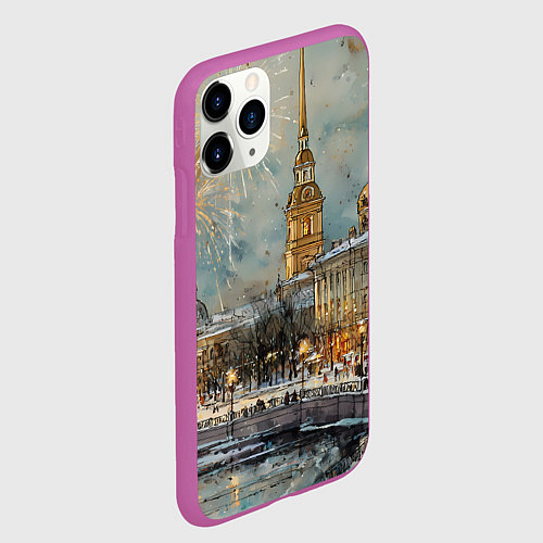 Чехол iPhone 11 Pro матовый Новогодний салют в Питере / 3D-Фиолетовый – фото 2