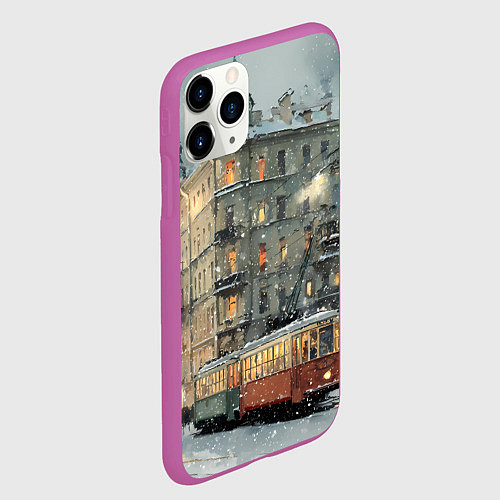 Чехол iPhone 11 Pro матовый Трамваи в зимнем Санкт-Петербурге / 3D-Фиолетовый – фото 2