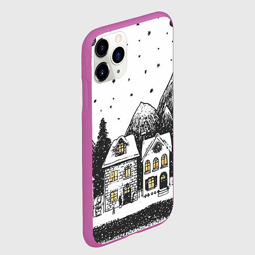 Чехол iPhone 11 Pro матовый Черно-белый новогодний город / 3D-Фиолетовый – фото 2