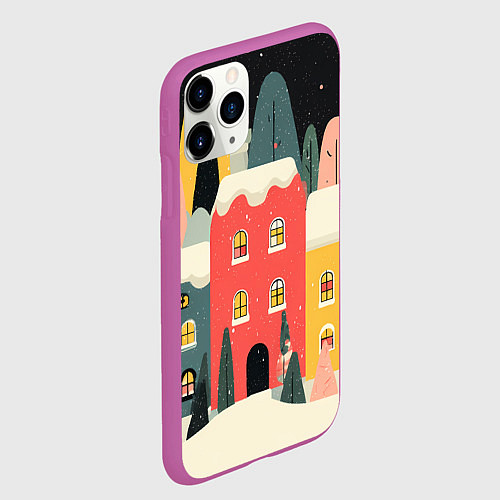 Чехол iPhone 11 Pro матовый Разноцветные новогодние дома / 3D-Фиолетовый – фото 2
