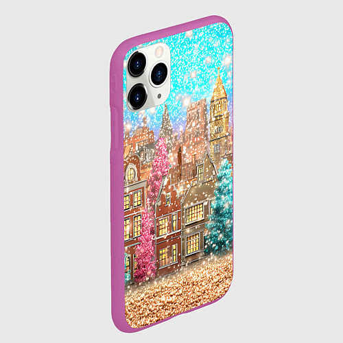 Чехол iPhone 11 Pro матовый Новогодний город в блестках / 3D-Фиолетовый – фото 2