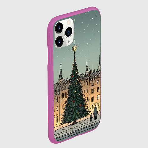 Чехол iPhone 11 Pro матовый Новогодняя елка во дворе / 3D-Фиолетовый – фото 2
