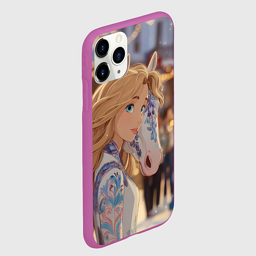 Чехол iPhone 11 Pro матовый Блондинка с новогодней лошадкой / 3D-Фиолетовый – фото 2