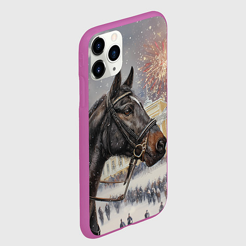Чехол iPhone 11 Pro матовый Конь на фоне салюта / 3D-Фиолетовый – фото 2