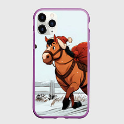 Чехол iPhone 11 Pro матовый Лошадка везет новогодние подарки, цвет: 3D-фиолетовый