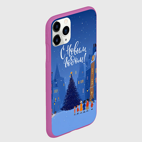 Чехол iPhone 11 Pro матовый С новым год - праздничный дворик / 3D-Фиолетовый – фото 2