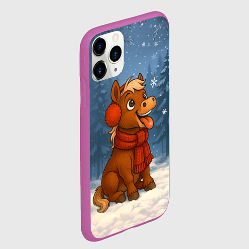Чехол iPhone 11 Pro матовый Лошадка ловит снежинку / 3D-Фиолетовый – фото 2