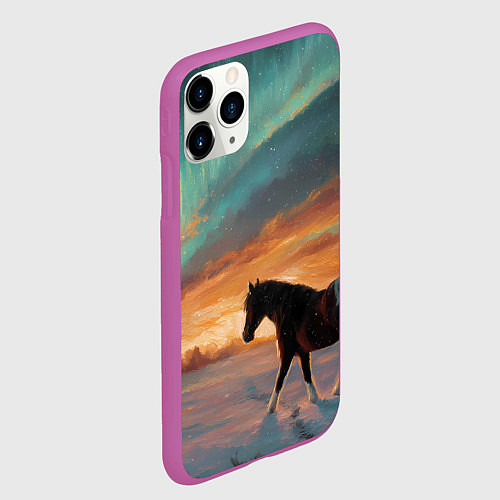 Чехол iPhone 11 Pro матовый Лошадь на фоне северного сиянми / 3D-Фиолетовый – фото 2