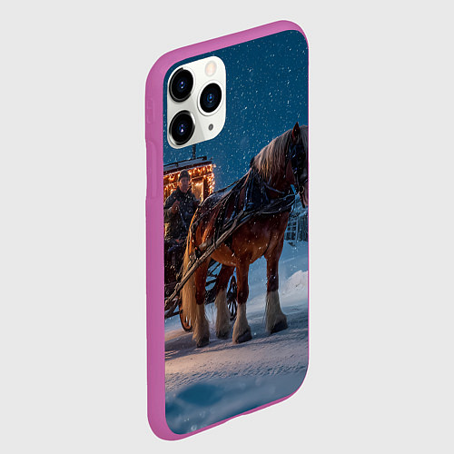 Чехол iPhone 11 Pro матовый Новогодняя лошадка с повозкой / 3D-Фиолетовый – фото 2