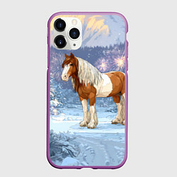 Чехол iPhone 11 Pro матовый Новогодняя лошадка в лесу, цвет: 3D-фиолетовый
