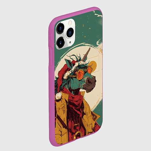 Чехол iPhone 11 Pro матовый Новогодний конь в желтых очках / 3D-Фиолетовый – фото 2