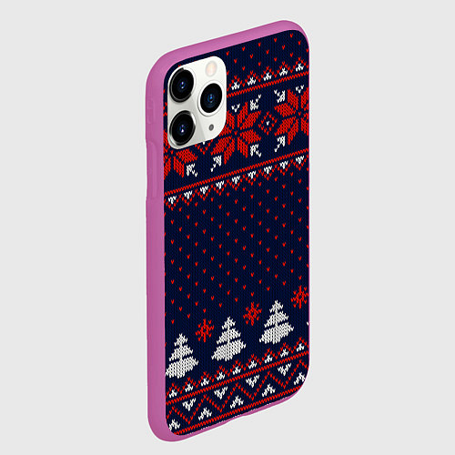 Чехол iPhone 11 Pro матовый Новогодний вязаный узор / 3D-Фиолетовый – фото 2