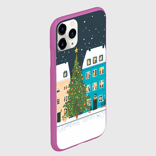 Чехол iPhone 11 Pro матовый Новогодний снежный город / 3D-Фиолетовый – фото 2