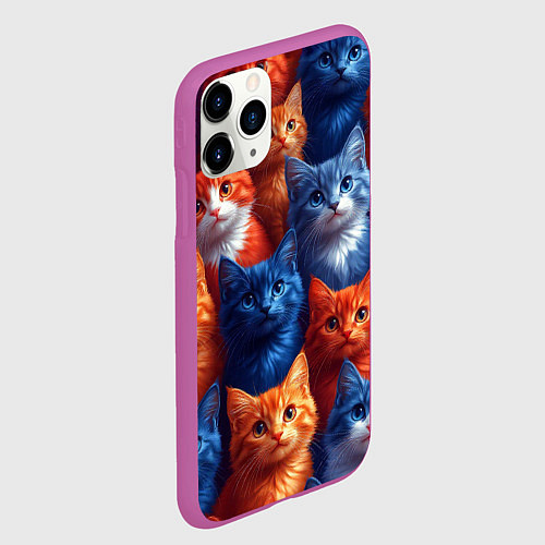 Чехол iPhone 11 Pro матовый Разноцветные котики паттерн / 3D-Фиолетовый – фото 2