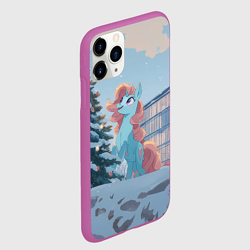 Чехол iPhone 11 Pro матовый Новогодняя лошадка у елочки / 3D-Фиолетовый – фото 2