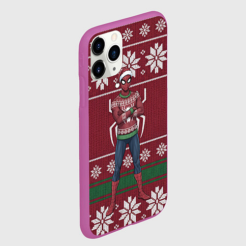 Чехол iPhone 11 Pro матовый Человек паук в вязаном свитере - новый год / 3D-Фиолетовый – фото 2