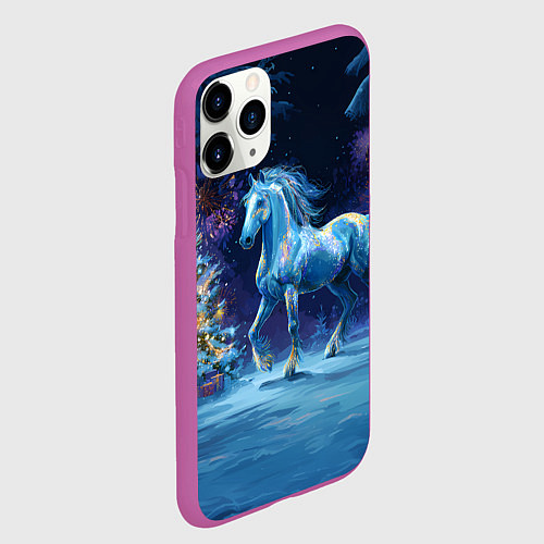 Чехол iPhone 11 Pro матовый Сияющая новогодняя лошадка / 3D-Фиолетовый – фото 2