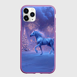 Чехол iPhone 11 Pro матовый Лошадь и новогодний салют, цвет: 3D-фиолетовый
