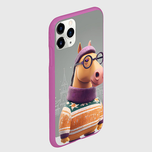 Чехол iPhone 11 Pro матовый Новогодняя лошадка хипстер / 3D-Фиолетовый – фото 2