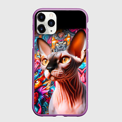 Чехол iPhone 11 Pro матовый Sphynx on a graffiti background, цвет: 3D-фиолетовый