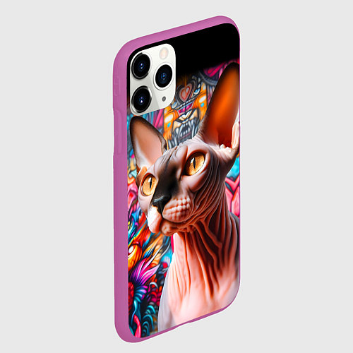 Чехол iPhone 11 Pro матовый Sphynx on a graffiti background / 3D-Фиолетовый – фото 2