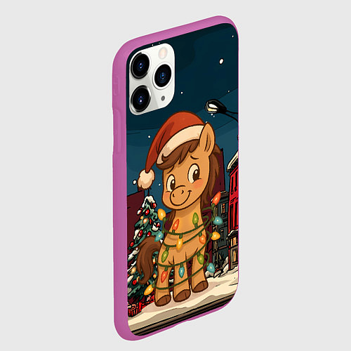 Чехол iPhone 11 Pro матовый Лошадка в новогодней гирлянде / 3D-Фиолетовый – фото 2